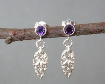 Amethyst sterling silver earrings. Gemstone earrings silver. Organic charm earrings. February birthstone earrings. Gift for her.