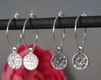 Minimalist Sterling Silver Small Hammered Disc Charm Hoop Earrings, Oxidised Silver Earrings, Circle Earrings , Earrings For Woman