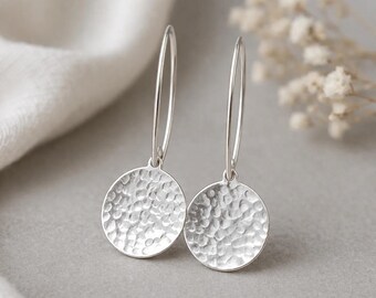 Sterling silver dangle hammered disc earrings for woman.