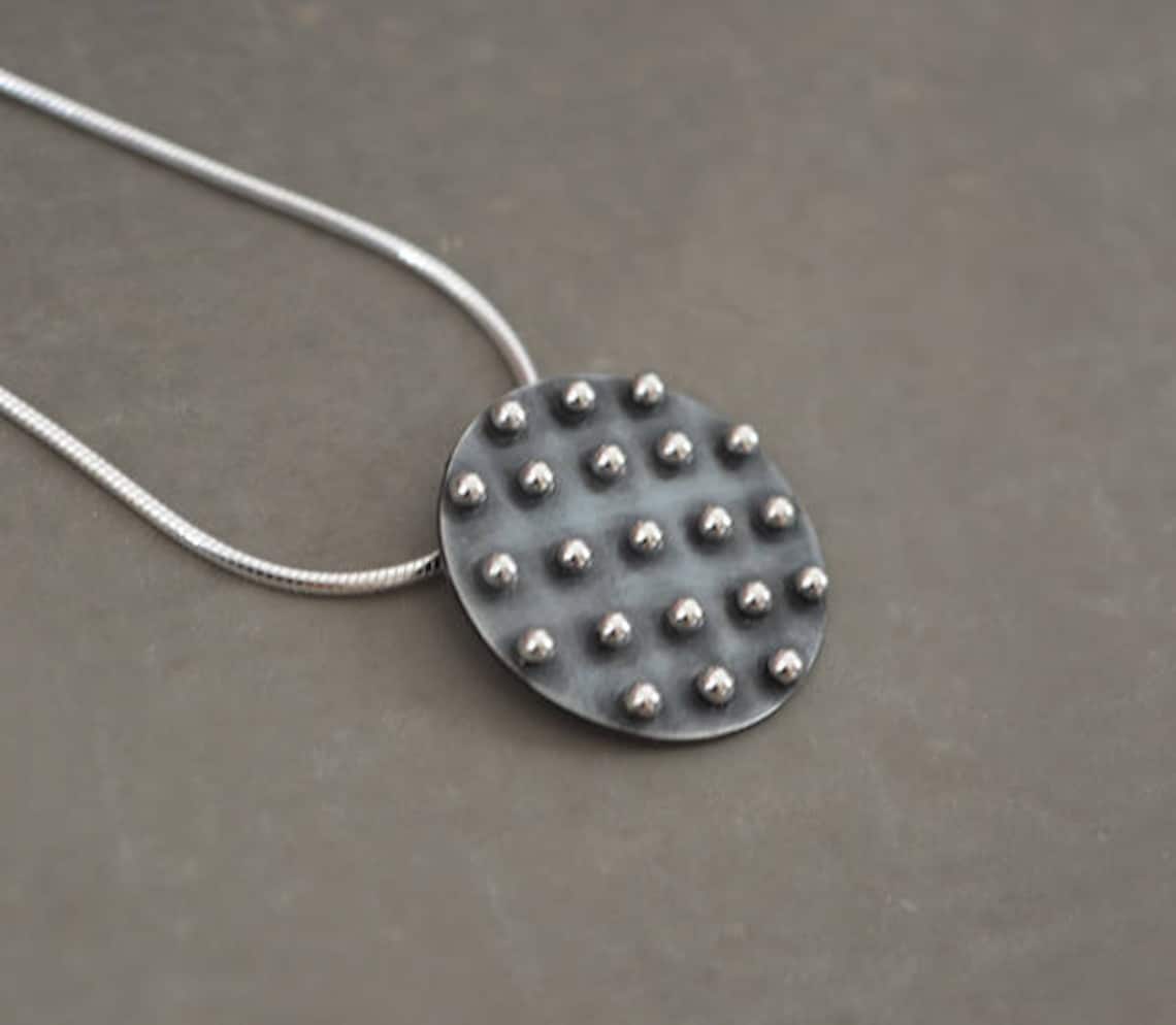 Sterling Silver Disc Necklace. Silver Oxidized Pendant. Etsy