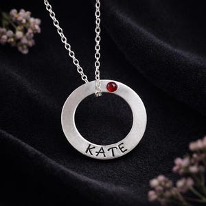 Personalized Sterling Silver Circle Necklace: Hand-Stamped Garnet Birthstone Pendant