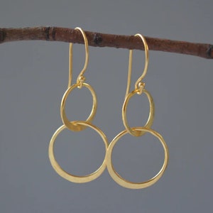 24k Gold Vermeil Two Circle Dangle Earrings, Double Interlocking Circle Earrings Gold, Earrings For Woman