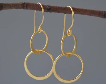Boucles d'oreilles pendantes deux cercles en or vermeil 24 carats, boucles d'oreilles doubles cercles entrelacés en or, boucles d'oreilles pour femme