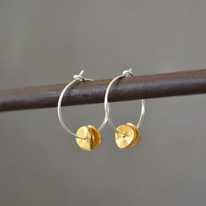 Small Silver And Gold Textured Disc Hoop Earrings, 24k Gold Vermeil And Sterling Silver Earrings, Two Colour Earrings. Two Tone Earrings.