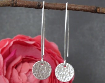 Minimalist Long Hammered  Sterling Silver Disc Dangle Earrings, Textured Earrings, Circle Earrings, Round Earrings, Everyday Earrings