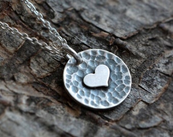 Oxidised heart, sterling silver disc necklace.