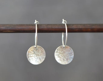 Minimalist Sterling Silver Textured Hammered Disc Hoop Earrings. Disc Charm Hoops. Everyday Earrings, Earrings For Woman, Gift For Her