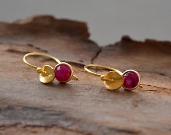 Boucles d'oreilles en or vermeil et rubis 24 carats, boucles d'oreilles avec pierre de naissance en juillet, boucles d'oreilles pour femme, cadeau pour elle