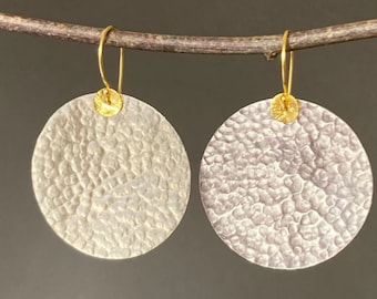 Handmade Large Hammered Sterling Silver Disc Earrings, Gold Vermeil and Silver Earrings, Circle Earrings, Statement Earrings, Gift For Her