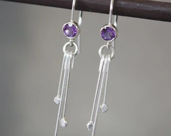 Boucles d’oreilles en argent sterling avec pierre de naissance améthyste avec pendants, boucles d’oreilles pendantes, boucles d’oreilles en pierre de naissance de février. Boucles D'oreilles Pour Femme