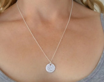 Handmade Sterling Silver Textured Disc Pendant, Necklace, Hammered, Minimalist, Contemporary, Disc Charm, Necklace For Woman