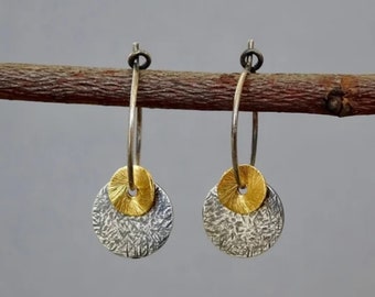 Sterling silver hammered oxidised disc charm hoop earrings, 24k gold vermeil textured small disc. Gift for her.