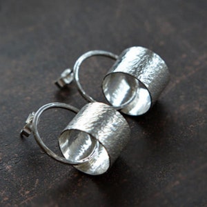 Handmade Hammered Dangle Circle Sterling Silver Stud Earrings, Earrings for Woman, Gift For Her. Modern Earrings.
