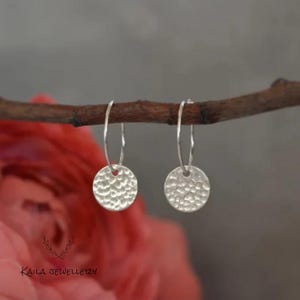 Hammered Sterling Silver Disc Hoop Earrings: Minimalist Dangle Jewelry