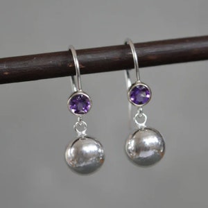 Amethyst sterling silver ball earrings. Sterling silver drop earrings. Gift for her.