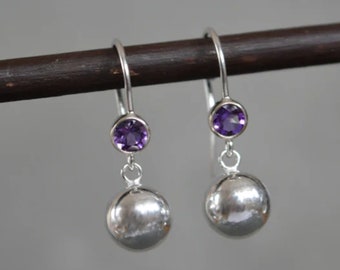 Amethyst sterling silver ball earrings. Sterling silver drop earrings. Gift for her.