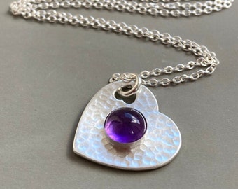 Handmade, Amethyst, sterling silver textured heart necklace pendant. Amethyst February birthstone necklace.