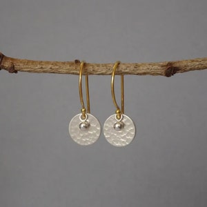 Gold and silver hammered disc and ball earrings. 24k gold vermeil, sterling silver dangle earrings. Gift for woman.