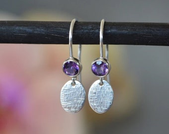 Amethyst Sterling Silver Earrings. 925 Silver Earrings. Amethyst Earrings. Oval disc earrings. Birthstone earrings. February earrings.