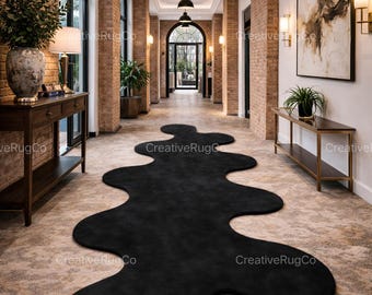Hand Tufted Black Abstract Runner Rug, Modern Irregular Hallway Carpet, Luxury Wool Area Rug 2x10 3x12 4x8