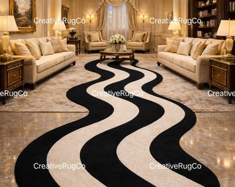 Alfombra ondulada tejida a mano, moderna y abstracta, color negro y marfil, para pasillo, de lujo y estilo contemporáneo, ideal para la entrada de la sala de estar.