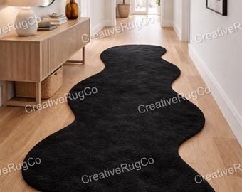 Alfombra de pasillo negra con mechones a mano: alfombra de pasillo con ondas irregulares, moderna y abstracta, de felpa sólida, alfombra contemporánea a medida.