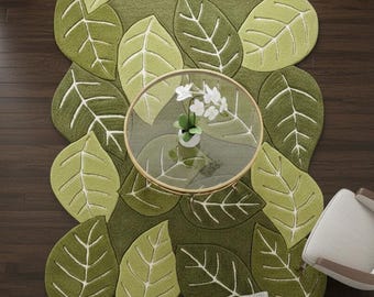 Hand Tufted Green Leaf Area Rug, Botanical Nature Rug, Modern Organic Shaped Carpet, Hand Tufted Living Room Rug, Bedroom Home Decor
