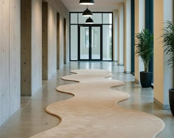 Alfombra ondulada tejida a mano, moderna alfombra abstracta para pasillo, alfombra beige con diseño escultural, decoración minimalista y contemporánea.