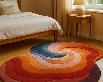 Colorful swirl rug | Modern organic shape rainbow gradient wool rug | Hand tufted abstract wavy area carpet for bedroom living room decor