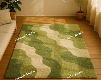 Moss Wave Rug – Hand Tufted Green Modern Carpet, Nature Inspired Minimalist Home Decor, Soft Cozy Floor Rug for Living Room, Bedroom Rug