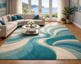 Alfombra moderna con olas oceánicas, tejida a mano, en tonos verde azulado y aguamarina, para sala de estar, textura suave y contemporánea, decoración costera.