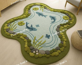 Creative Water Pond Rug | 3D Hand Tufted Carpet | Nature Themed Home Decor | Unique Floor Art Gift | Fish & Pebble Design Rug