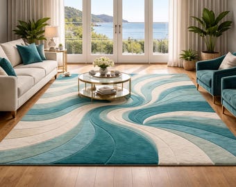 Alfombra moderna abstracta color verde azulado / Alfombra de lujo con diseño de ondas para sala de estar / Alfombra moderna grande y artística de estilo contemporáneo en azul y verde