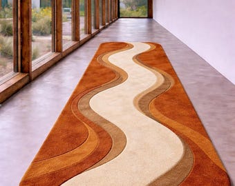 Alfombra de pasillo con ondas retro, alfombra abstracta de terracota, alfombra curva moderna de mediados de siglo, alfombra de pasillo larga estilo bohemio óxido de los años 70, alfombra de área personalizada.