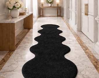 Alfombra ondulada negra tejida a mano, moderna alfombra de pasillo, diseño abstracto, de lujo y contemporánea.