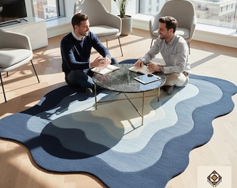 Hand Tufted Blue Abstract Rug, Modern Irregular Area Rug, Soft Wave Design Carpet for Living Room Bedroom Home Decor
