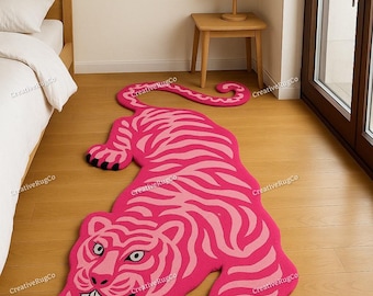 Pink Tiger Shaped Rug | Fun Animal Carpet for Bedroom, Kids Room & Dorm | Bold Hand-Tufted Tiger Area Rug, Cute Modern Home Decor