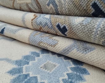 Alfombra de lana hecha a mano / Alfombra de diseño Oushak en azul y beige neutro / Alfombra tradicional turca para sala de estar / Decoración de estilo bohemio