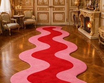 Alfombra ondulada tejida a mano de 2x10, moderna alfombra de pasillo rosa y roja, alfombra abstracta de lujo, hecha a mano de lana de 3x9, 3x12 y 4x8