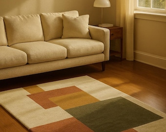 Modern Geometric Hand-Tufted Rug – Olive, Rust, Mustard & Cream Abstract Carpet | Mid Century Modern Living Room Decor