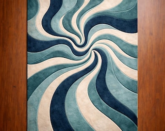 Alfombra moderna con olas oceánicas, tejida a mano, en tonos verde azulado y aguamarina, para sala de estar, textura suave y contemporánea, decoración costera.