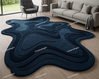 Modern Navy Blue Wavy Rug | Abstract 3D Layered Carpet | Hand-Tufted Organic Shape Rug for Living Room, Bedroom, Home Decor
