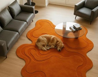 Alfombra abstracta naranja con mechones hechos a mano de 5x8, 6x9, 8x10 y 9x12 pulgadas, moderna alfombra irregular, alfombra de diseño de lana de lujo para sala de estar.