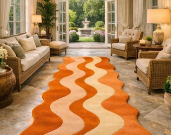 Alfombra de pasillo ondulada tejida a mano de 2x10, moderna alfombra de pasillo en color naranja y beige, de lana abstracta de lujo de 3x9, 3x12 y 4x8