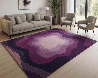 Alfombra moderna abstracta morada con diseño geométrico en capas, alfombra contemporánea hecha a mano para sala de estar, dormitorio y oficina.