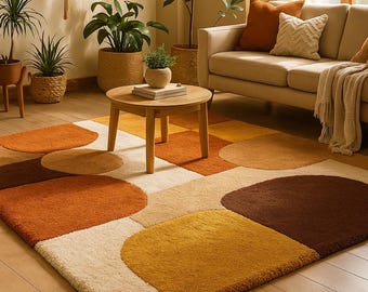 Retro Geometric Area Rug – Mid Century Modern Color Block Carpet in Mustard Orange Brown Soft Tufted Living Room Rug Vintage 70s Style Decor