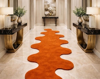 Alfombra de pasillo irregular con mechones hechos a mano, moderna y abstracta, de lujo con formas onduladas, beige neutro a medida.
