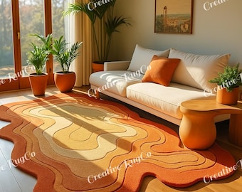 3D Wavy Orange Area Rug | 5x8, 8x10, 9x12, Handmade Layered Abstract Carpet | Modern Earth Tone Floor Art for Living Room Creative Blob Rug