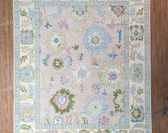Alfombra Oushak hecha a mano / Alfombra turca con estampado floral pastel / Alfombra de lana beige, verde, azul y rosa de 5x8, 6x9, 8x10, 9x12 pulgadas Alfombra grande para sala de estar Alfombra Oushak