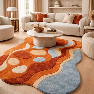 Handgetufteter Abstrakter Teppich, Moderner Teppich mit Organischer Form, Orange Blauer Teppich, Luxus Designer Teppich, Zeitgenössischer Wohnzimmerteppich